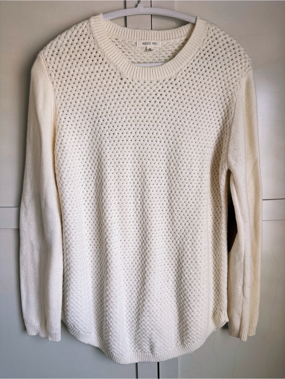 Cream Textured Crewneck Sweater - Women with brown suede elbow patches